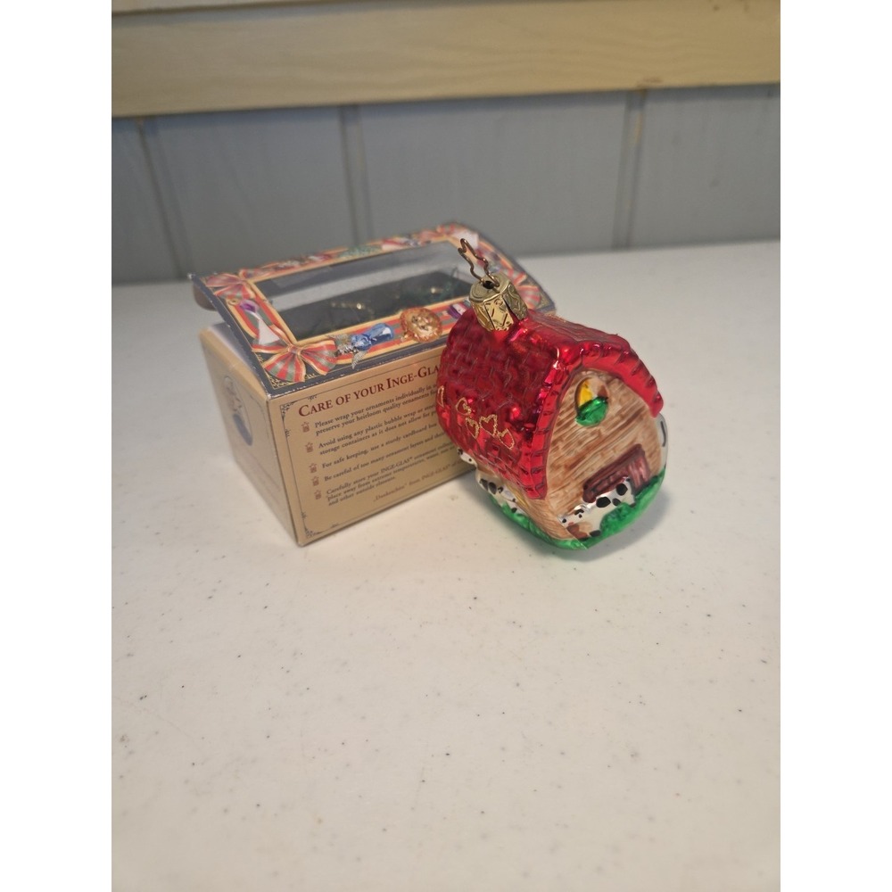 INGE-GLAS Red Barn Dairy Cow Christmas ORNAMENT HOLIDAY DECORATION GERMANY